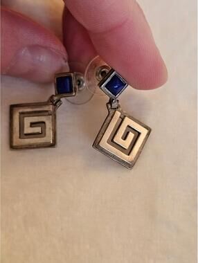 Sterling Silver 925 Greek Key Earrings With Blue Stone